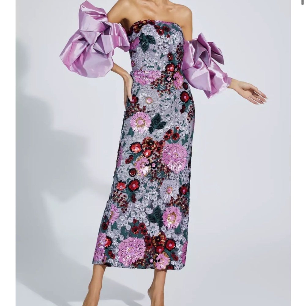 Strapless Floral Sequin Midi Dress in Lilac Pink